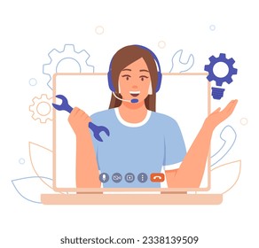 Female in headphones holding wrench and helping client to fix problem. Virtual consultant helping to solve technical problems. Client support department. Flat vector illustration in cartoon style