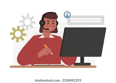 Mujer con auriculares sentada cerca de la computadora y hablando con los clientes. Consulta telefónica, videollamadas. Haz la cita por teléfono. Ilustración vectorial plana en estilo de dibujos animados