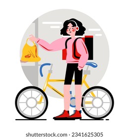 Female in headphones standing near bicycle and holding bag with food. Courier delivering order to client. Delivery methods. Flat vector illustration in cartoon style