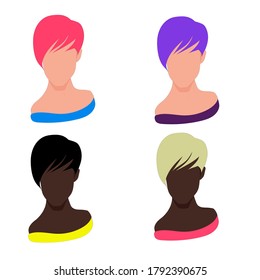 Female heads avatars. European and african american women with different colored hair. Set of flat design icons, isolated girls hairstyle