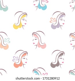 Female heads with colorful hair in retro hats on a white background. Seamless pattern vector