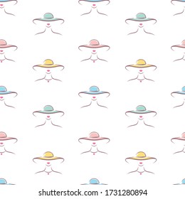 Female heads with in colorful retro hats on a white background. Seamless pattern vector