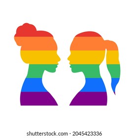 Female heads filled by LGBT flag. Lesbian couple, heads opposite each other. LGBTQ people. Design LGBTQ + PRIDE. Support for LGBT. Lesbian, Gay, Bisexual and Transgender rights. Vector illustration.