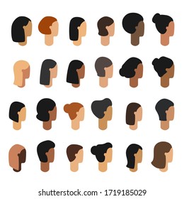 Female Heads Icon Set Vector. Woman Of Different Ages And Nationalities Faces In Profile, Isolated Modern Flat Clip Art For Design. Human Head Icon.