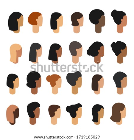 Female heads icon set vector. Woman of different ages and nationalities faces in profile, isolated modern flat clip art for design. Human head icon.