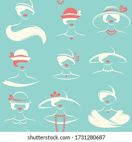 Female heads in retro hats on a turquoise background. Seamless pattern vector.