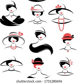 Female heads in retro hats on a white background. Seamless pattern vector.