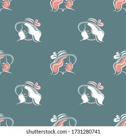 Female heads in retro hats on a dark green background. Seamless pattern vector.