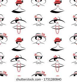 Female heads in retro hats on a white background. Seamless pattern vector.