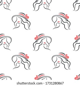 Female heads in retro hats on a white background. Seamless pattern vector.