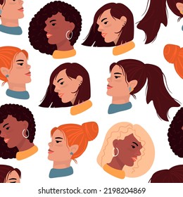  Cabezas femeninas con un patrón sin fisuras con diferentes estilos de cabello y colores de cabello.Fondo colorido y textura para imprimir en tela y papel.Ilustración de dibujos animados planos vectores.Plantilla para diseño
tarjeta. 