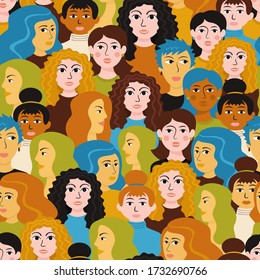 Female heads seamless pattern. Female faces different hairstyles happy smiling sad international vector flat crowd nationality, european, african, asian.