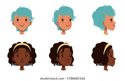 Female Heads Set, Frontal, Profile, Cheerful Caucasian and African American Teenage Girls Characters, Three Quarter Turn View Cartoon Style Vector Illustration