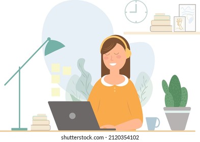 Female with headsets front view vector illustration, work online communication study meeting online. Freelance work from home. Art student creative workcpace.