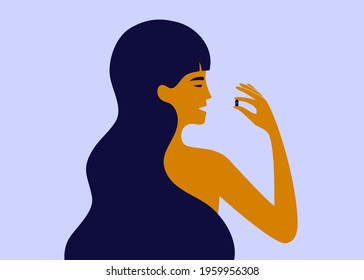 Female health care. Woman taking pill. Healthcare, medical treatment. Healthy pregnancy or motherhood. Antidepressant, hormonal medication. Medicine, body condition. Girl with drug vector illustration