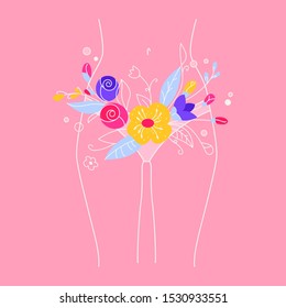 Female health concept. Women's hygiene. The period of menstruation in a girl. Illustration of  female body with flowers and leaves. Stylized illustration about body care, weight loss and treatment.