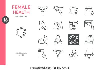 Female Health Icons Set. Linear Symbols of female health, reproductive system, pregnancy, fitness, hormonal balance, nutrition. Icons of uterus, hormones, ultrasound, periods, menstrual cycle.