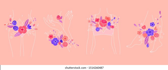 Female health theme. Woman body in flowers concept. Women period illustration. Girl health. Intimate hygiene. Hand drawn vector illustration, trendy style. Сoncept of skin care, healthy breas, cancer.
