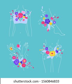 Female health theme. Woman body in flowers concept. Women period illustration. Girl health. Intimate hygiene. Hand drawn vector illustration, trendy style. Сoncept of skin care, healthy breas, cancer.