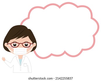 Female healthcare worker waving her hand in a lab coat and mask with speech balloon