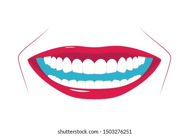 Female healthy teeth with wide smile. Oral hygiene illustration. Applicable as part of toothpaste, brush packaging design or dental clinic banner. Vector illustration