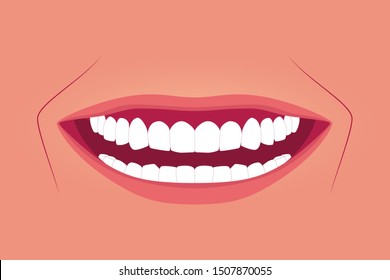 Female healthy teeth with wide smile. Oral hygiene illustration. Wide smile with super white teeth. True skin color background. Applicable as part of dental clinic banner. Vector illustration