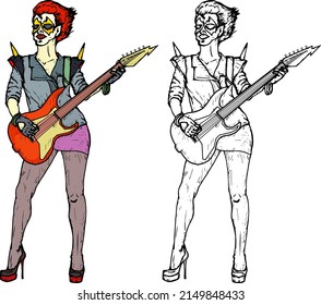 Female heavy metal band member strum an electric guitar, isolated against white. Hand drawn vector illustration.