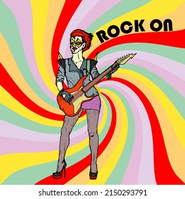 A female heavy metal rocker wearing face make-up playing an electric guitar with the message: Rock on. Vector illustration.