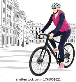 Female with helmet riding on a bike isolated in city