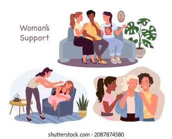 Female help, care and support to unhappy girl with mental problems vector illustration. Cartoon young women talking, comforting and hugging friend. Female community, empathy, friendship concept