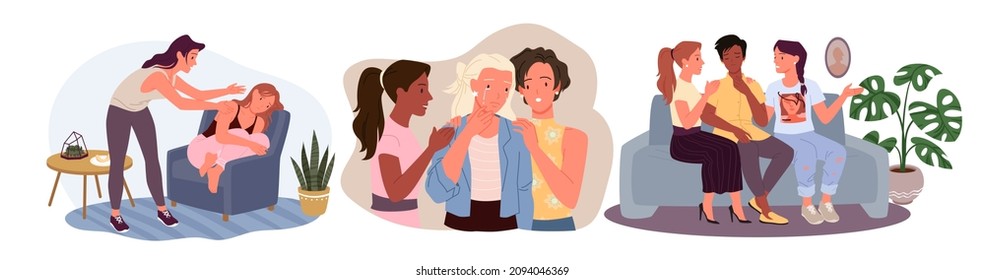 Female help, care and support to unhappy girl with mental problems vector illustration. Cartoon young women talking, comforting and hugging friend. Female community, empathy, friendship concept