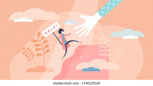 Female help vector illustration. Woman safety care flat tiny persons concept. Symbolic sign with ask for support in problem frustration moment. Reaching for assistance after bankruptcy or fear emotion