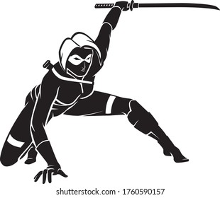 Weibliche Hero-Crouching, mit scharfem Katana-Schwert