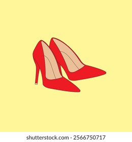 Female high heels shoes vector illustration on yellow background. Red heels shoes isolated on yellow background