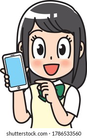 

A female high school student pointing at a smartphone