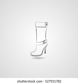 Female high-heeled boots. Black pattern on a gray background. Vector.
