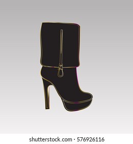 Female high-heeled boots. Black pattern on a gray background. Vector