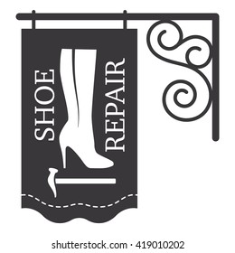 Female high-heeled boots, shoe hammer, shoe repair. Signboard, shop sign vector illustration.