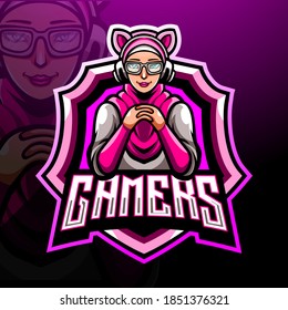 Female hijab gamer mascot. esport logo design