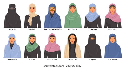 Female hijabs of different types set. Traditional Muslim woman headwear, native clothing accessories vector illustration