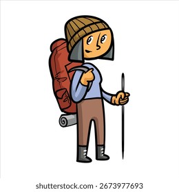 Excursionista femenino con la Ilustración vectorial de dibujos animados de la mochila