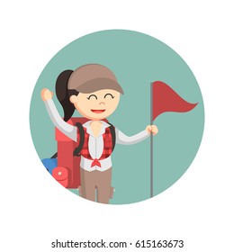 female hiker with flag in circle background