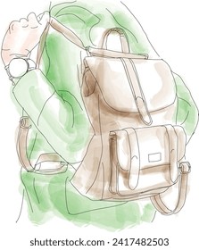 female hiker, holding backpack, close-up of leather backpack, vector illustration