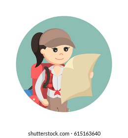 female hiker look at map in circle background