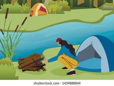 Female Hiker Making Campfire Flat Vector Character. Tent and Bonfire on Forest River Bank. Summer Vacation Active Recreation, Campsite in Woods. Trekking Adventure, Backpacking Holiday