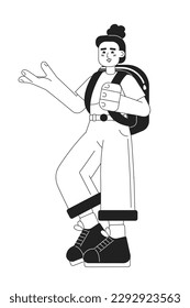 Female hiker travelling with backpack monochromatic flat vector character. Graduation trip. Editable thin line full body person on white. Simple bw cartoon spot image for web graphic design, animation