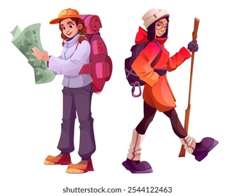 Wanderer einzeln auf weißem Hintergrund. Vektor-Cartoon-Illustration junger Frauen mit Wanderausrüstung und Rucksack ausgestattet, Wandern mit Trekkingstöcken, auf der Karte nach Weg suchen, aktiver Lebensstil