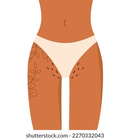 Las caderas femeninas con tatuaje de flores y bikini peludo. Pelo púbico. Cuerpo Positivo, normalizar el cabello corporal femenino. Ilustración vectorial al estilo de las caricaturas. Fondo blanco aislado.