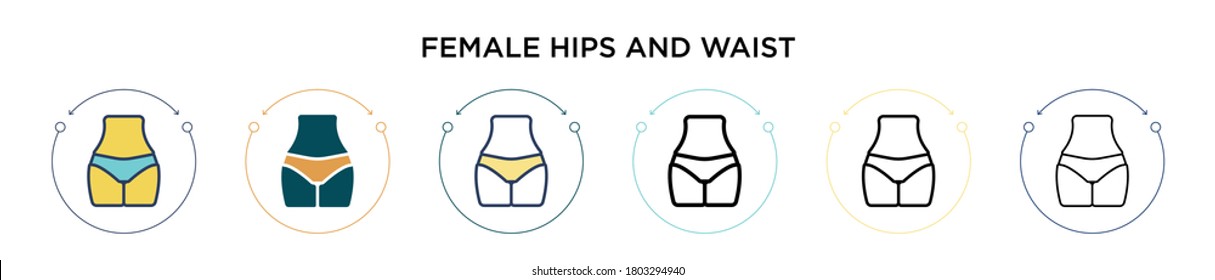 Female hips and waist icon in filled, thin line, outline and stroke style. Vector illustration of two colored and black female hips and waist vector icons designs can be used for mobile, ui, web