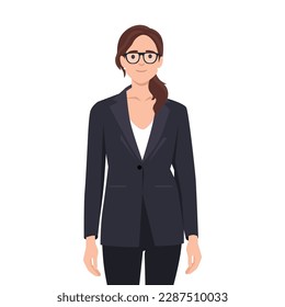 Una directora ejecutiva hispana de la empresa vestida con traje de negocios y tacones altos, elegancia en el trabajo. Ilustración vectorial plana aislada en fondo blanco